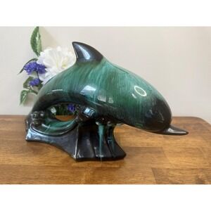 Vintage Blue Mountain‎ Pottery Dolphin Canadian Art Green Drip Glaze Figurine
